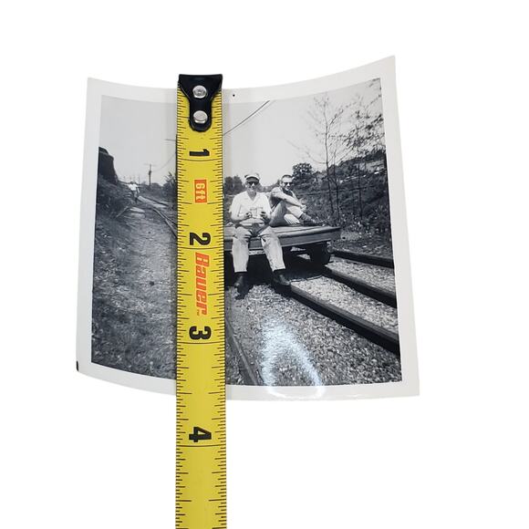 Vtg Monochrome Photography Men Sitting on Railroad Cart Found Snapshot - Picture 2 of 4